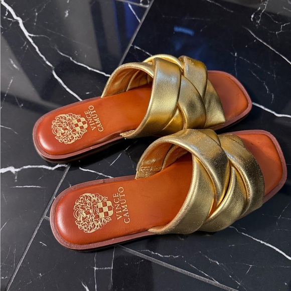 Vince Camuto Gold Woven Slides - Picture 9 of 11